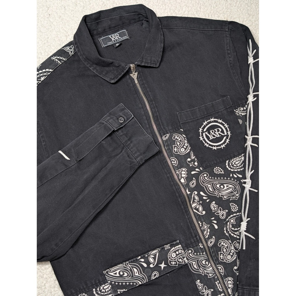 Young & Reckless Mens Jacket Paisley Barbed Wire Embroidery Black Cotton Zip M